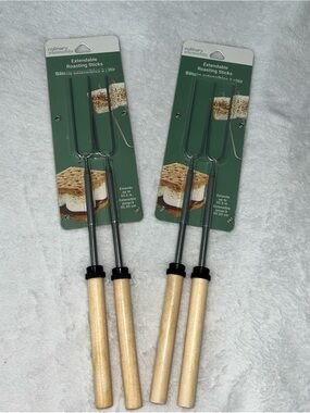 Extendable Roasting Sticks with Natural Wood Handles - Set of 4 - Beige